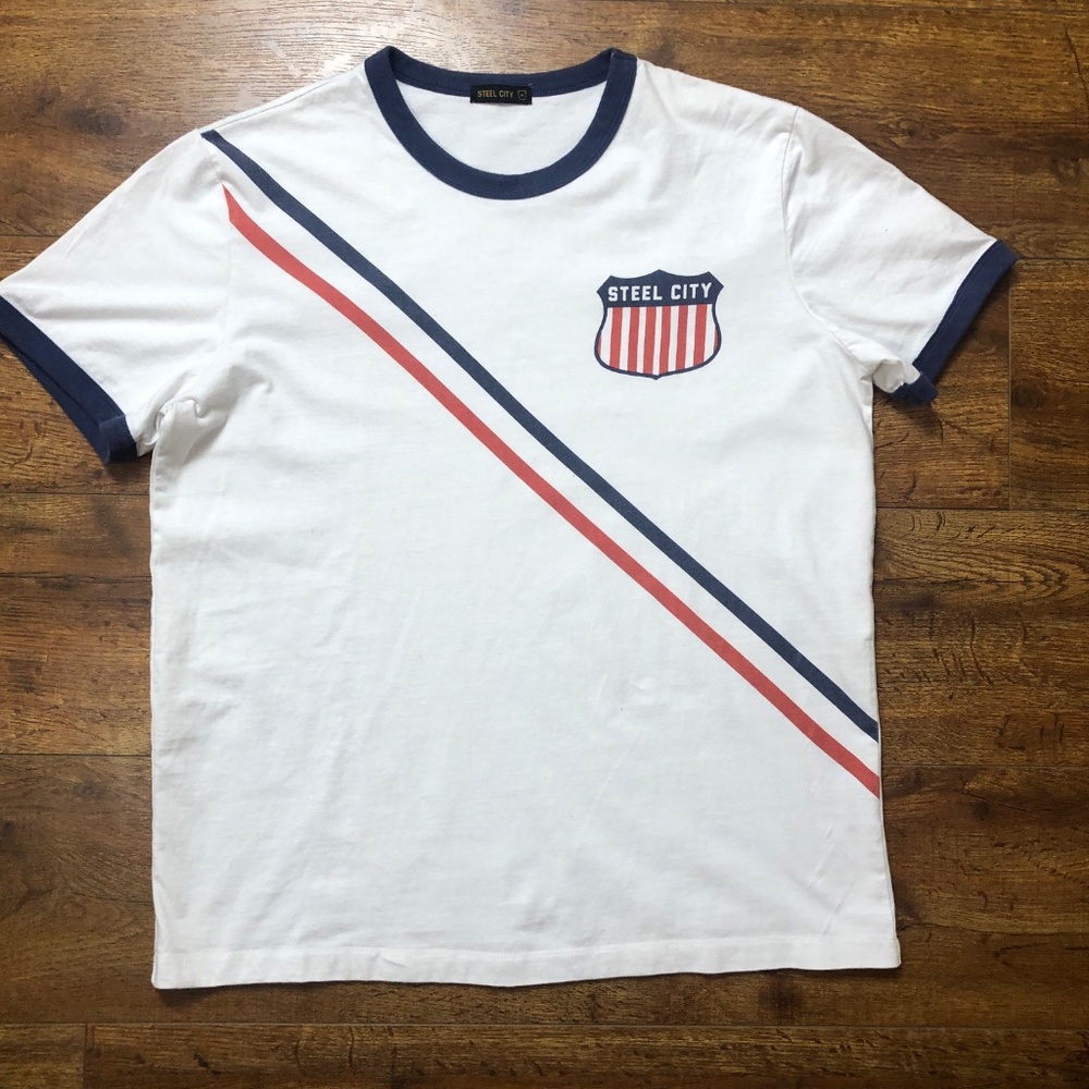 Steel City Men’s M White Striped Graphic T-shirt 100% Cotton